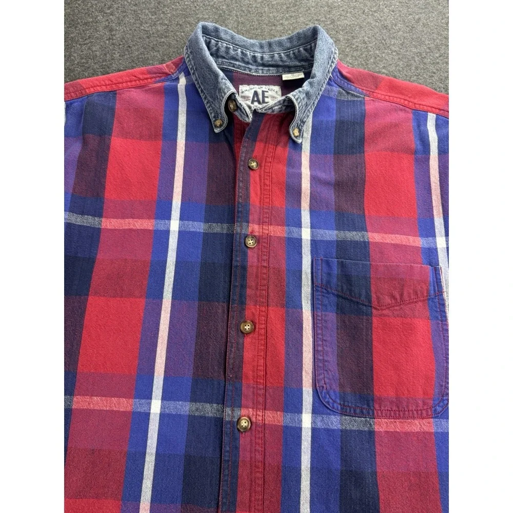 VTG 90s American‎ Eagle Men's Sz M Denim Button-Up Shirt Plaid Cotton Grunge Y2K